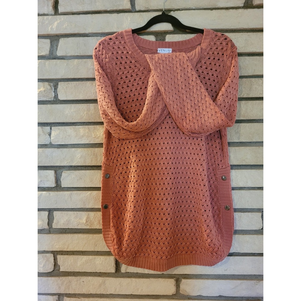 Venus Pink Open- Knit Tunic Style Sweater W/Side Snap Buttons Womens Soft Size S